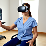 **A therapist working with a stroke patient using virtual reality for rehabilitation, showing the patient engaged and motivated. The setting is a modern rehabilitation clinic with various assistive devices in the background.**