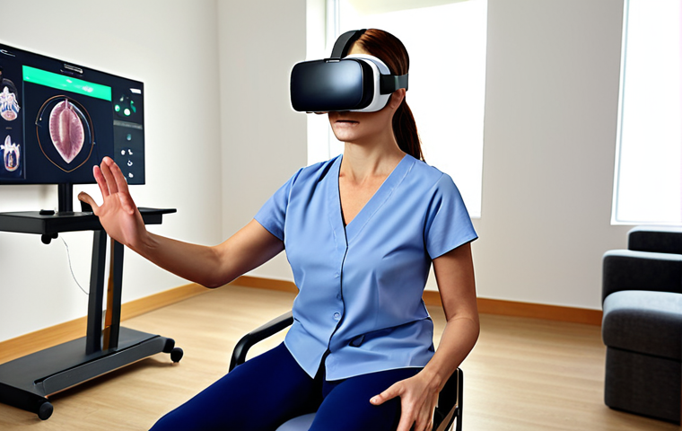 **A therapist working with a stroke patient using virtual reality for rehabilitation, showing the patient engaged and motivated. The setting is a modern rehabilitation clinic with various assistive devices in the background.**