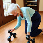 **A heartwarming scene of Dona Maria, an elderly woman, using a robotic exoskeleton to take her first steps after a stroke, her face beaming with a joyful smile as she feels her feet on the ground again. Soft, natural lighting.**