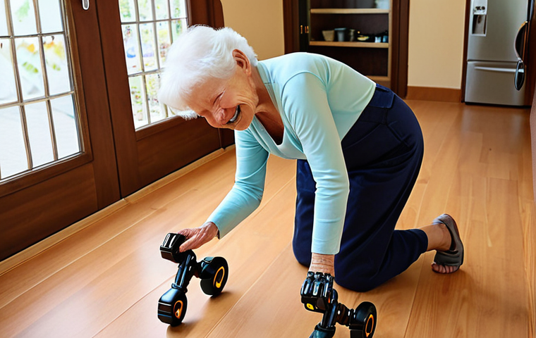 **A heartwarming scene of Dona Maria, an elderly woman, using a robotic exoskeleton to take her first steps after a stroke, her face beaming with a joyful smile as she feels her feet on the ground again. Soft, natural lighting.**