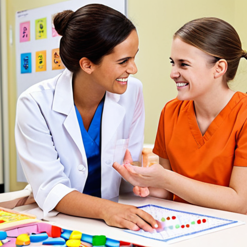 **

Prompt: A confident Occupational Therapist smiling while interacting with a child during a practical exam simulation, showing empathy and clear communication. Background should depict a bright and well-equipped therapy room.

**