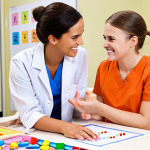 **

Prompt: A confident Occupational Therapist smiling while interacting with a child during a practical exam simulation, showing empathy and clear communication. Background should depict a bright and well-equipped therapy room.

**