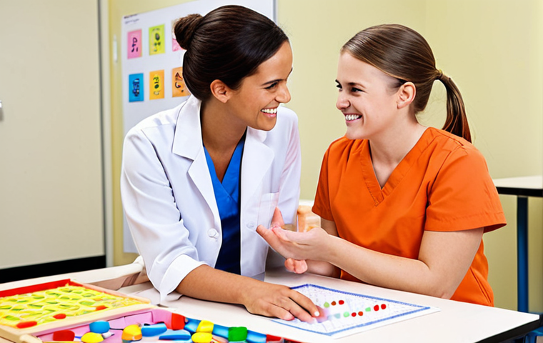 **

Prompt: A confident Occupational Therapist smiling while interacting with a child during a practical exam simulation, showing empathy and clear communication. Background should depict a bright and well-equipped therapy room.

**