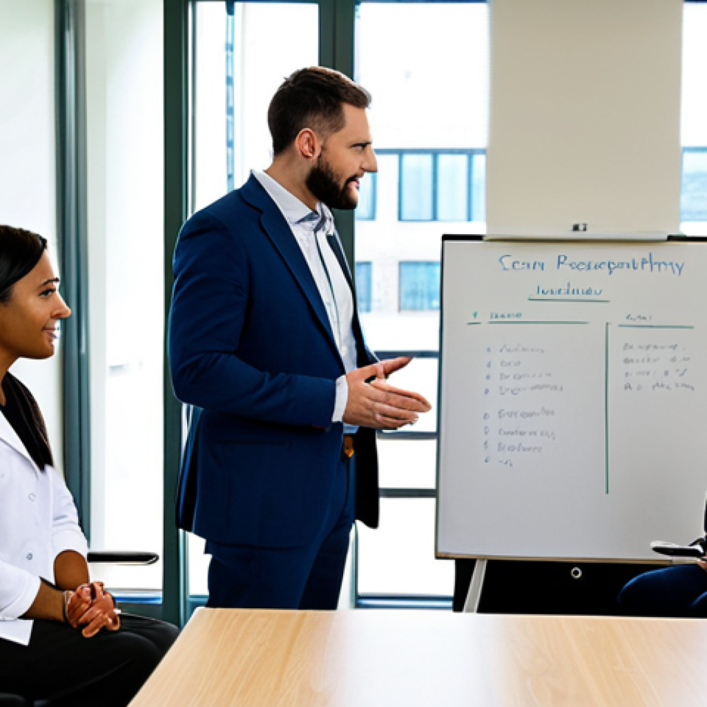 A diverse group of healthcare professionals, including occupational therapists and physiotherapists, engaged in a collaborative case discussion in a bright, modern rehabilitation clinic meeting room. One professional is actively listening to another who is speaking, fostering an atmosphere of mutual respect and understanding. They are all fully clothed in modest business casual attire and professional dress. The background features a whiteboard with charts and a window overlooking a green area. The image should convey a sense of calm, focused professionalism. safe for work, appropriate content, fully clothed, professional, perfect anatomy, correct proportions, natural pose, well-formed hands, proper finger count, natural body proportions, high quality, family-friendly.