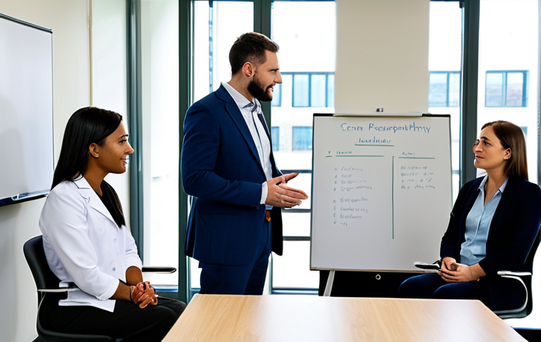 A diverse group of healthcare professionals, including occupational therapists and physiotherapists, engaged in a collaborative case discussion in a bright, modern rehabilitation clinic meeting room. One professional is actively listening to another who is speaking, fostering an atmosphere of mutual respect and understanding. They are all fully clothed in modest business casual attire and professional dress. The background features a whiteboard with charts and a window overlooking a green area. The image should convey a sense of calm, focused professionalism. safe for work, appropriate content, fully clothed, professional, perfect anatomy, correct proportions, natural pose, well-formed hands, proper finger count, natural body proportions, high quality, family-friendly.