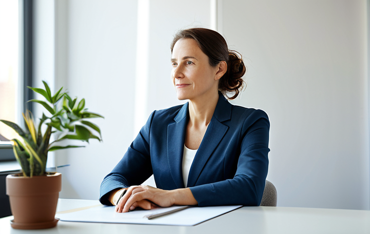 A calm and composed professional occupational therapist, a woman in her 30s-40s, dressed in a modest business casual outfit, fully clothed, appropriate attire. She is seated thoughtfully at a modern, uncluttered desk in a bright, sunlit office, with a small, healthy potted plant nearby. Her posture is relaxed, embodying a moment of self-reflection and professional well-being. The background is softly blurred, indicating a peaceful work environment. Perfect anatomy, correct proportions, natural pose, well-formed hands, proper finger count, natural body proportions, professional photography, high quality, safe for work, appropriate content, family-friendly.