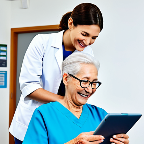 **

A occupational therapist in a bright, modern clinic, reviewing data on a tablet with a smiling, fully clothed elderly patient. The patient is wearing a comfortable, modest outfit. The clinic background includes exercise equipment and motivational posters. Focus on the positive interaction and the integration of technology in patient care. Safe for work, appropriate content, professional setting, perfect anatomy, natural proportions, family-friendly.

**