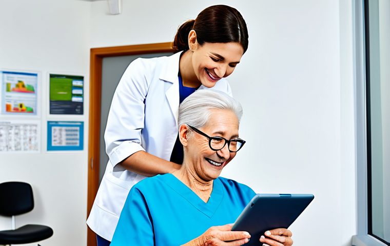 **

A occupational therapist in a bright, modern clinic, reviewing data on a tablet with a smiling, fully clothed elderly patient. The patient is wearing a comfortable, modest outfit. The clinic background includes exercise equipment and motivational posters. Focus on the positive interaction and the integration of technology in patient care. Safe for work, appropriate content, professional setting, perfect anatomy, natural proportions, family-friendly.

**