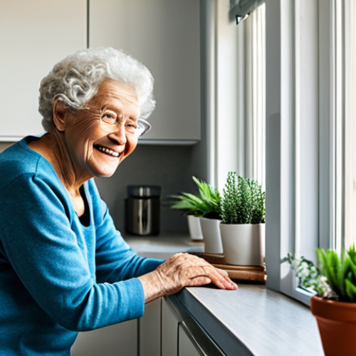 Home Adaptation for Autonomy**

"A bright and cheerful living room, modified for accessibility, featuring grab bars in the bathroom, adjustable kitchen counters, and easy-to-reach storage. A smiling, fully clothed elderly woman is tending to plants on a balcony. Natural lighting, comfortable atmosphere, safe for work, appropriate content, fully clothed, modest, family-friendly, perfect anatomy, correct proportions, natural pose, well-formed hands, proper finger count, natural body proportions, professional photography, high quality."

**