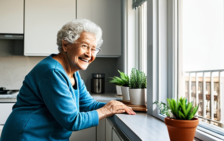 Home Adaptation for Autonomy**
"A bright and cheerful living room, modified for accessibility, featuring grab bars in the bathroom, adjustable kitchen counters, and easy-to-reach storage. A smiling, fully clothed elderly woman is tending to plants on a balcony. Natural lighting, comfortable atmosphere, safe for work, appropriate content, fully clothed, modest, family-friendly, perfect anatomy, correct proportions, natural pose, well-formed hands, proper finger count, natural body proportions, professional photography, high quality."
**