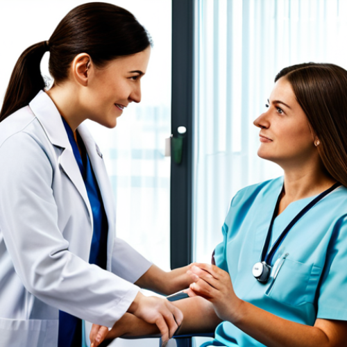 **Occupational Therapist in a Modern Clinic:** A professional occupational therapist, fully clothed in appropriate medical attire, consults with a patient in a bright, modern clinic setting. Focus on the empathetic interaction and use of adaptive equipment. Safe for work, appropriate content, family-friendly, perfect anatomy, correct proportions, professional setting.