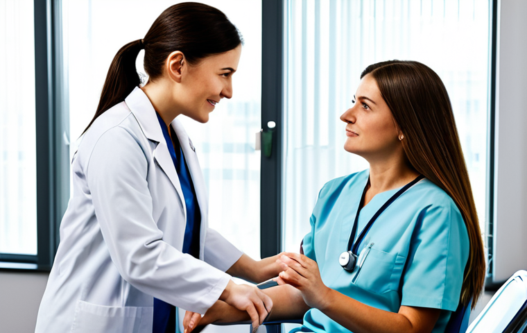 **Occupational Therapist in a Modern Clinic:** A professional occupational therapist, fully clothed in appropriate medical attire, consults with a patient in a bright, modern clinic setting. Focus on the empathetic interaction and use of adaptive equipment. Safe for work, appropriate content, family-friendly, perfect anatomy, correct proportions, professional setting.