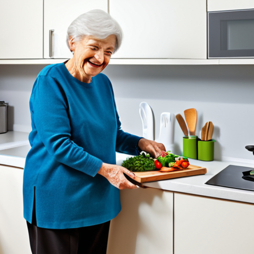 작업치료사 코칭 사례 - Adapted Kitchen**
"A bright, modern kitchen designed for accessibility. An elderly woman with a war...