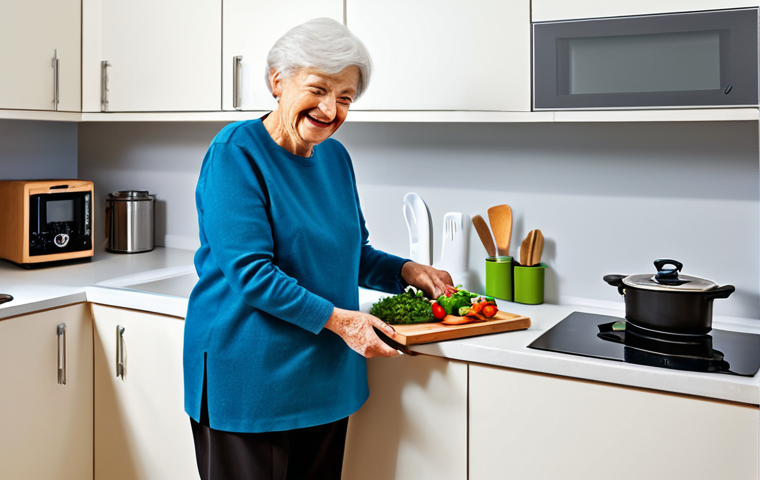 작업치료사 코칭 사례 - Adapted Kitchen**
"A bright, modern kitchen designed for accessibility. An elderly woman with a war...