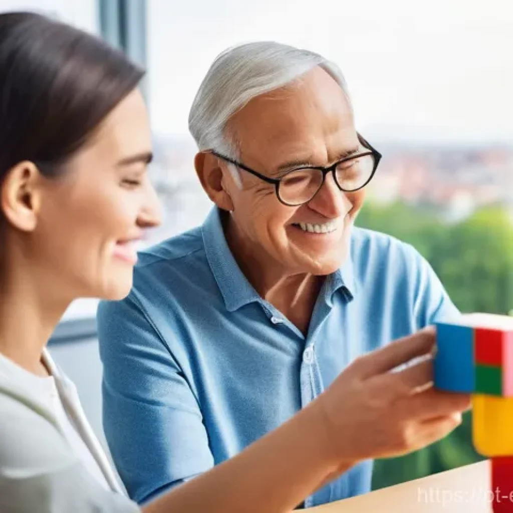 작업치료사의 연봉 수준 분석 - A compassionate female occupational therapist, in her late 30s, with a warm smile, guides an elderly...