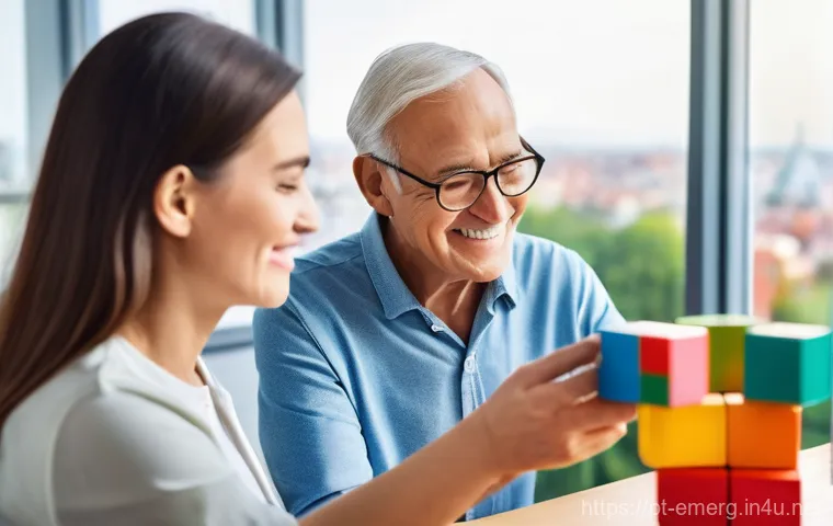 작업치료사의 연봉 수준 분석 - A compassionate female occupational therapist, in her late 30s, with a warm smile, guides an elderly...