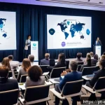 작업치료사의 글로벌 네트워킹 방법 - A professional occupational therapist presenting at an international conference, standing confidentl...