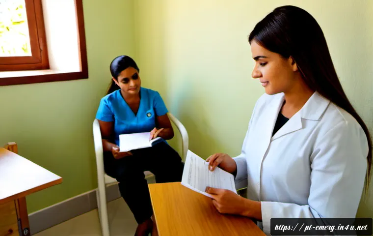 작업치료사의 환자 권리 보호 사례 - Photorealistic occupational therapist in a welcoming Brazilian rehabilitation clinic, calmly reviewi...