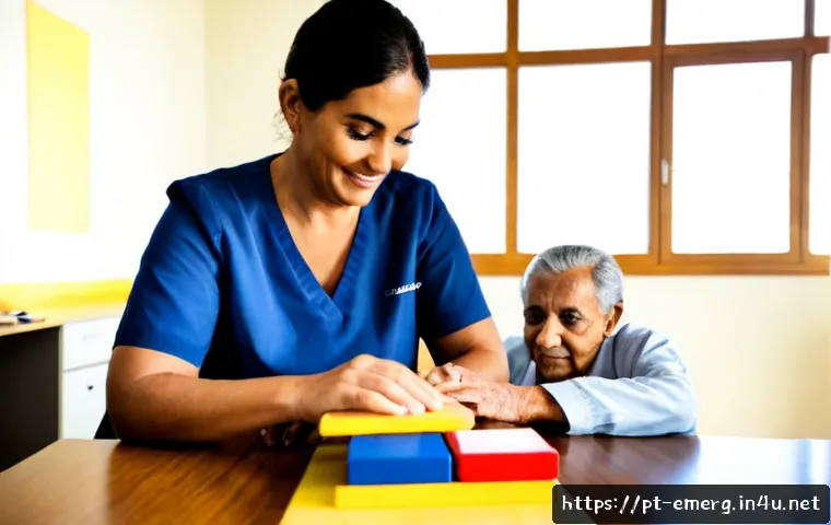 작업치료사의 환자 치료 경험 공유 사례 - Photorealistic occupational therapist in a bright Brazilian rehabilitation clinic guiding an older a...